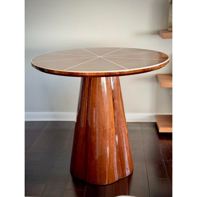 Made Goods Novak Entryway Table in Teak Gloss and Faux Bone Inlay Mid-Century Style Round Pedestal Entry Table For Sale - Image 12 of 12