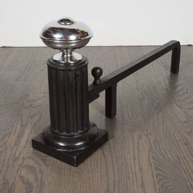 Metal American Art Deco Streamlined Fireplace Set in Chrome and Black Enamel For Sale - Image 7 of 11