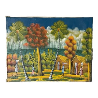 Vintage Haitian Naive Folk Art Painting Signed Roberson For Sale