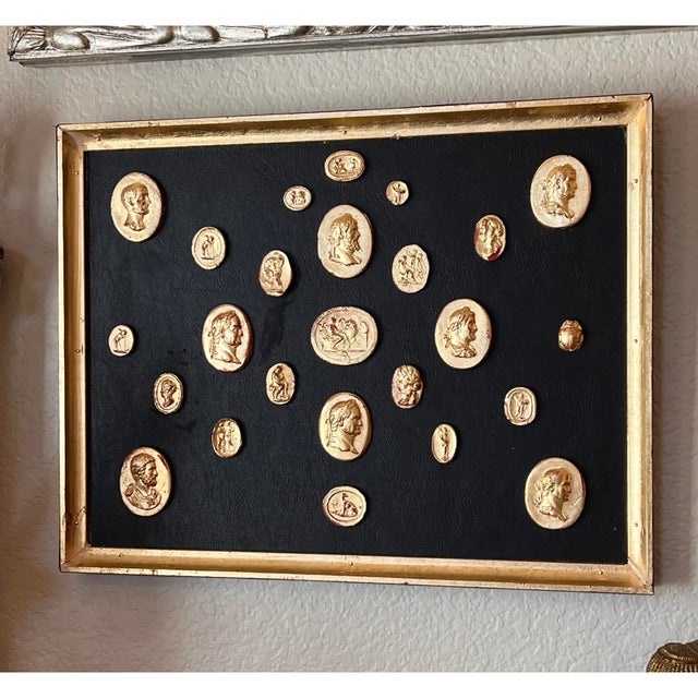 1980s Grand Tour Neoclassical Gilded Collection of Classical Intaglio and Cameo on the Leather Ground With Gilt Frame For Sale - Image 5 of 10