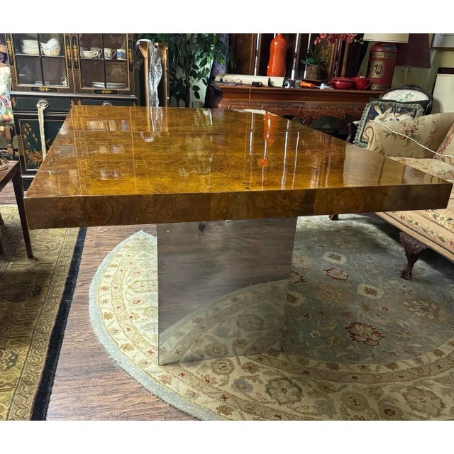 Mid-Century Modern Milo Baughman Olive Burl Extension Dining Table on Chrome Plinth Base, 2 Leaves, 1976 For Sale - Image 3 of 11