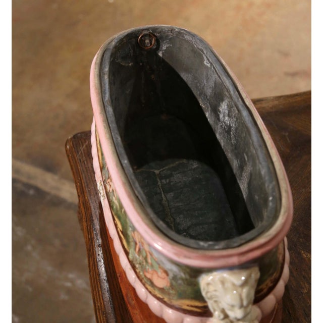 French 19th Century French Hand Painted Faience Jardinière on Wood Base With Zinc Tray For Sale - Image 3 of 8