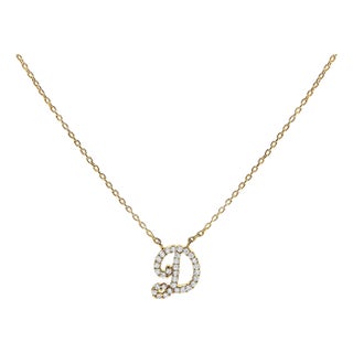 10K Yellow Gold Diamond Accent "D" Initial Script Style Pendant Necklace For Sale