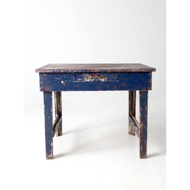 Antique Blue Farmhouse Work Table With Drawer For Sale - Image 13 of 16