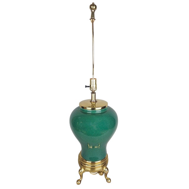 1980s Style Hollywood Regency Emerald Green Ceramic Table Lamp on Brass Ball-and-Claw Base For Sale - Image 9 of 18