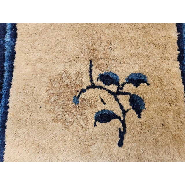 Art Deco Vintage Chinese Art Deco Square Rug, Hand-Knotted Wool, Floral Pattern, Ivory & Blue, 14"x14" For Sale - Image 3 of 8