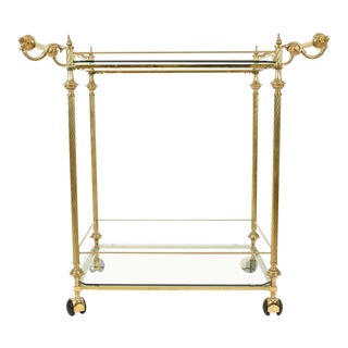 Vintage Solid Brass / Glass Shelves Two-Tier Bar Cart For Sale