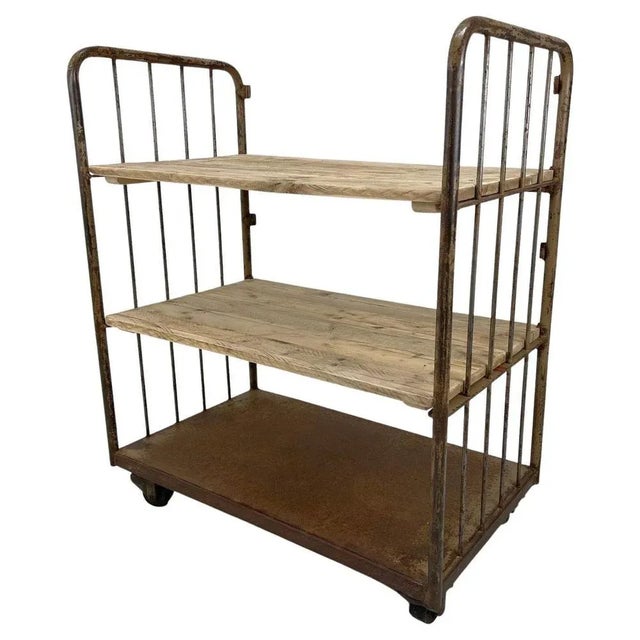 Vintage Industrial Iron and Wood Shelves on Wheels For Sale - Image 10 of 10