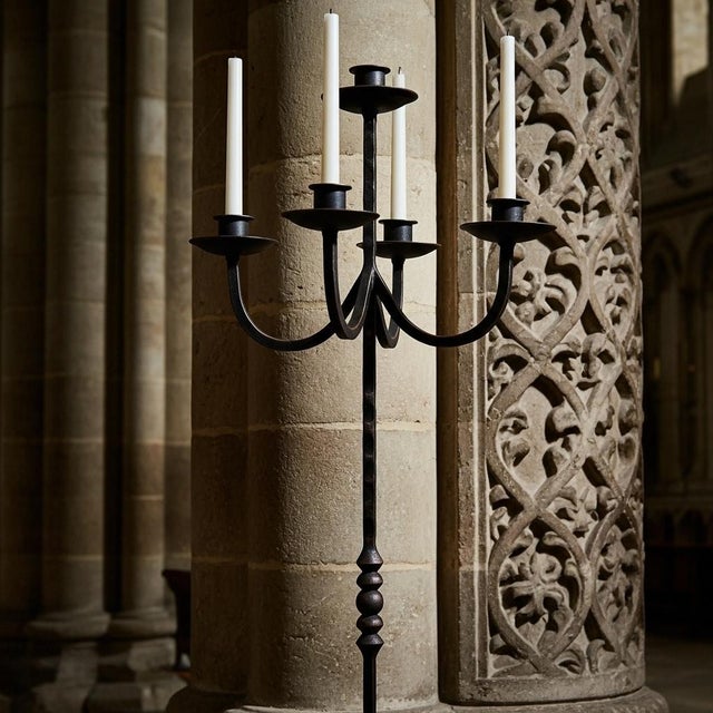 Hand Forged Iron Floor Candelabra 48.5″ (123cm) Antique Copper Patina 3-Arm Wide Base Stable Candle Holder Rustic Decor For Sale - Image 6 of 9