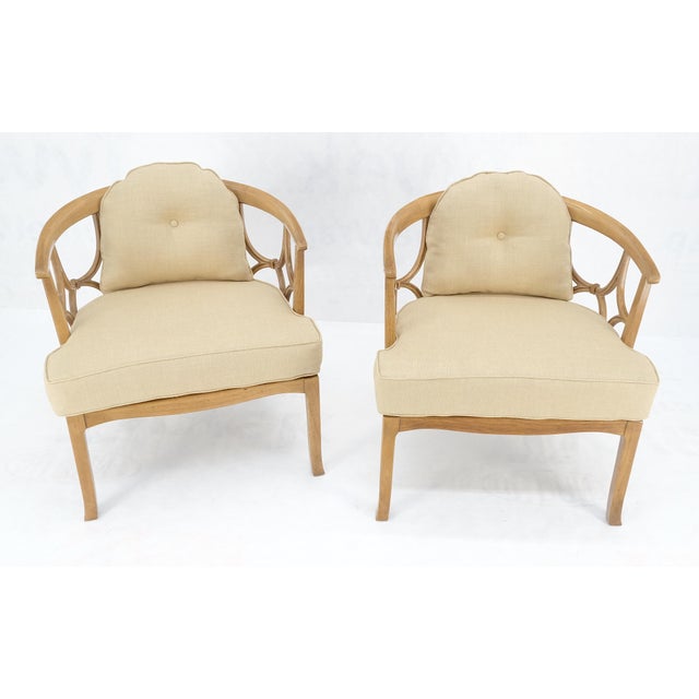 Pair of New Gold Linen Upholstery Barrel Back Wrap Around Lounge Arm Chairs MINT For Sale - Image 9 of 14