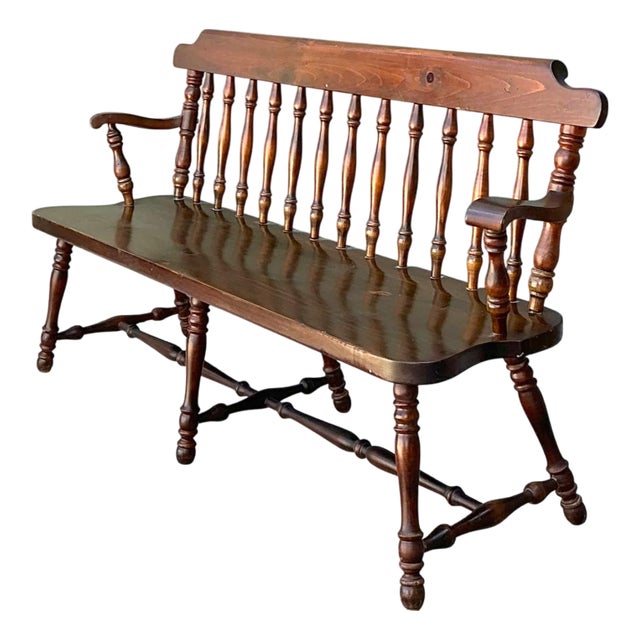 Vintage Ethan Allen Pine Spindle Back Deacons Bench For Sale