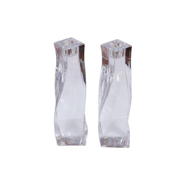 A pair of lead crystal candlestick holders by Orrefors of Sweden for their Residence collection. Contemporary squared...