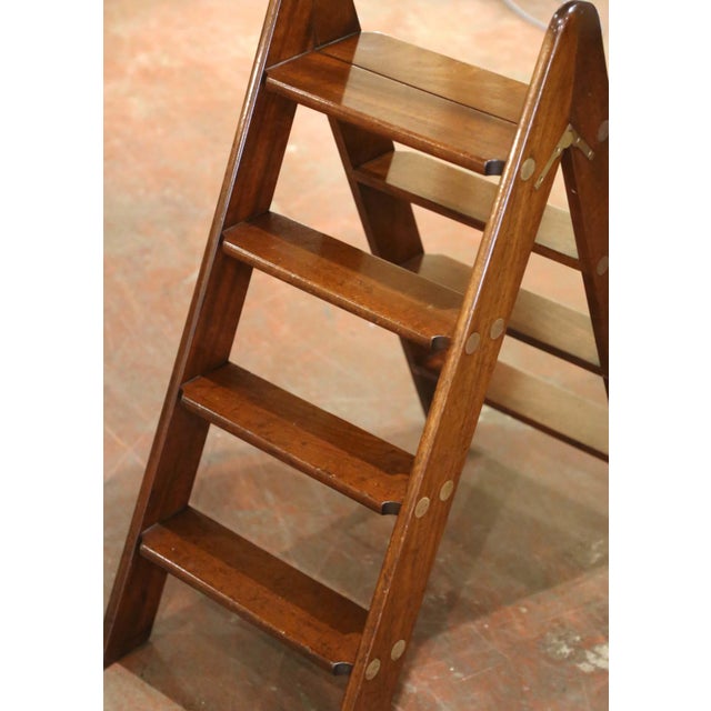 Vintage English Walnut Four-Step Library Ladder With Brass Accents For Sale - Image 4 of 9