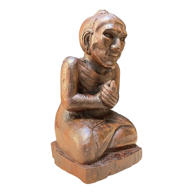 Burmese Monk in Carved Wood, Early 1900s For Sale