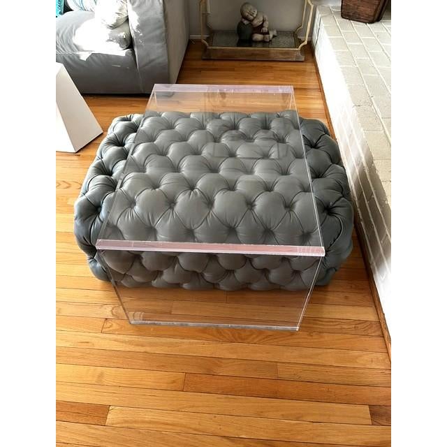 2010s Custom Tufted Leather Ottoman & Lucite Coffee Table For Sale - Image 5 of 12