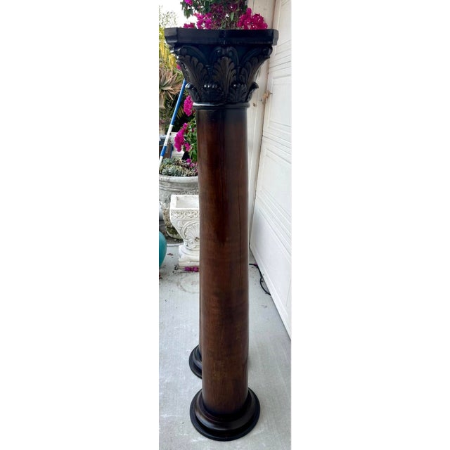 Brown Pair of Custom Vintage Wooden Corinthian Column Pedestals With Capitals For Sale - Image 8 of 18