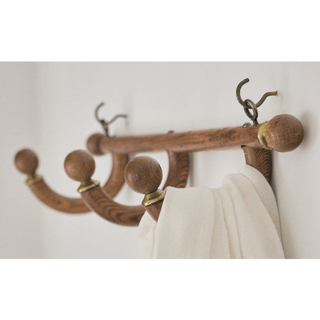 Mid 19th Century Mid 19th Century Vintage, Rustic Early American Wood and Brass Wall Coat Rack For Sale - Image 5 of 8