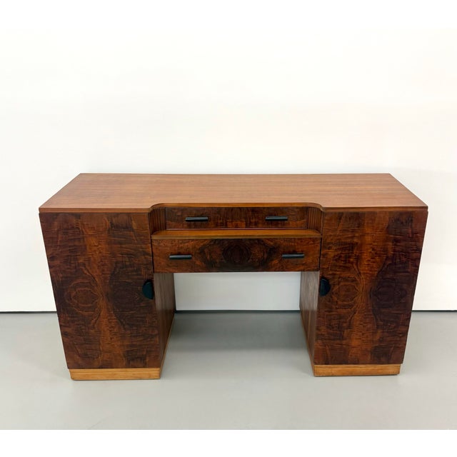 Chestnut Vintage Art Deco Burl Wood Pedestal Desk For Sale - Image 8 of 8
