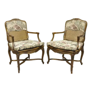 Mid 20th Century Pair Vintage French Country Louis XV Style Upholstery and Cane Lounge Arm Chairs