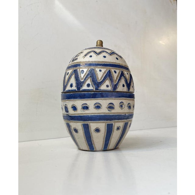 Blue Scandinavian Naive Egg Trinket Jar in Glazed Stoneware, 1970s For Sale - Image 8 of 8