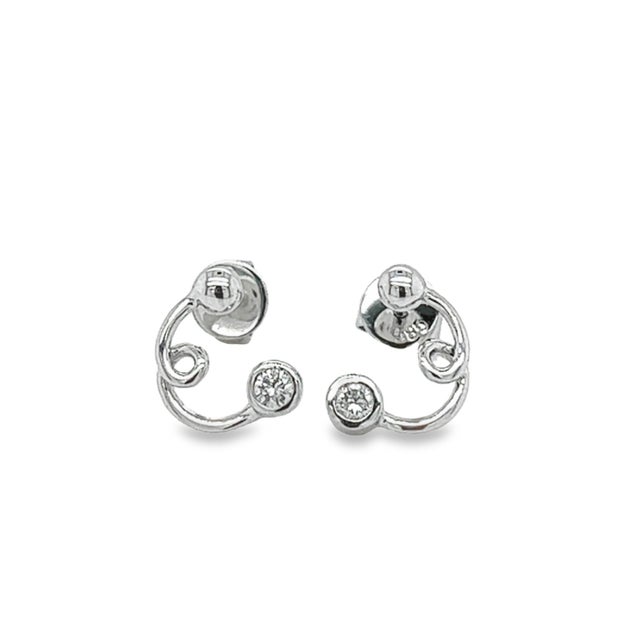14k White Gold Swirl Earrings With Round Bezel Set Diamonds, Pair For Sale - Image 4 of 7