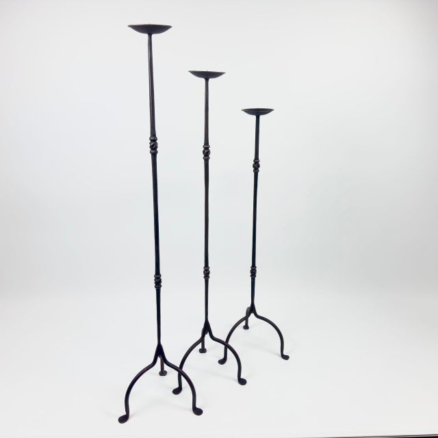 2020s Hand Forged Iron Candelabra Set of 3 (93-113cm) Antique Copper Finish Slender Stem with Compact Arched Base For Sale - Image 5 of 6