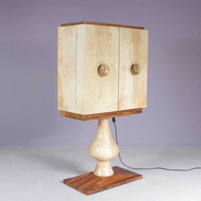Italian Goatskin Bar Cabinet on Pedestal Base by Aldo Tura, 190s For Sale - Image 3 of 18