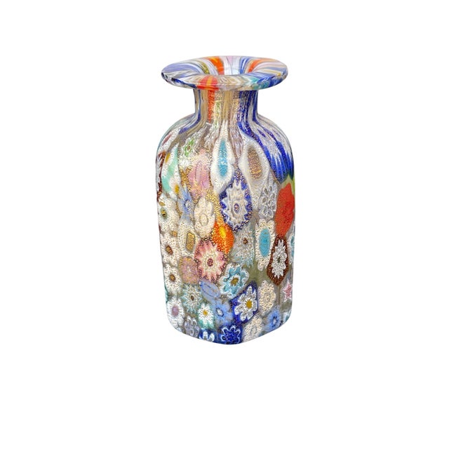 Exquisite vintage Murano art glass bottle featuring an intricate millefiori design with vibrant multicolored floral...