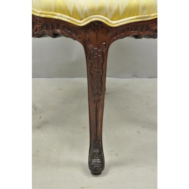 Antique French Louis XV Style Carved Walnut Yellow Fabric Boudoir Lounge Chair For Sale - Image 9 of 14