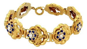 Antique Blue Enamel & Seed Pearl Rose 14k Yellow Gold Link Bracelet