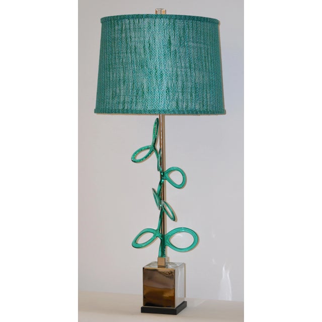 Contemporary Italian Silver Color Nickel With Aqua Blue Murano Glass Swirls Lamps - a Pair - in Showroom For Sale - Image 3 of 11