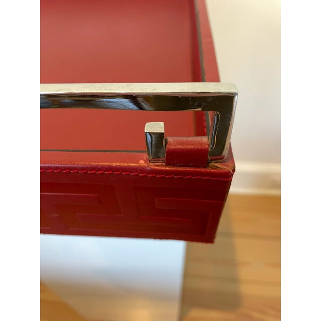 Red 2000s Global Views Red Leather Embossed Tray With Metal Handles For Sale - Image 8 of 11