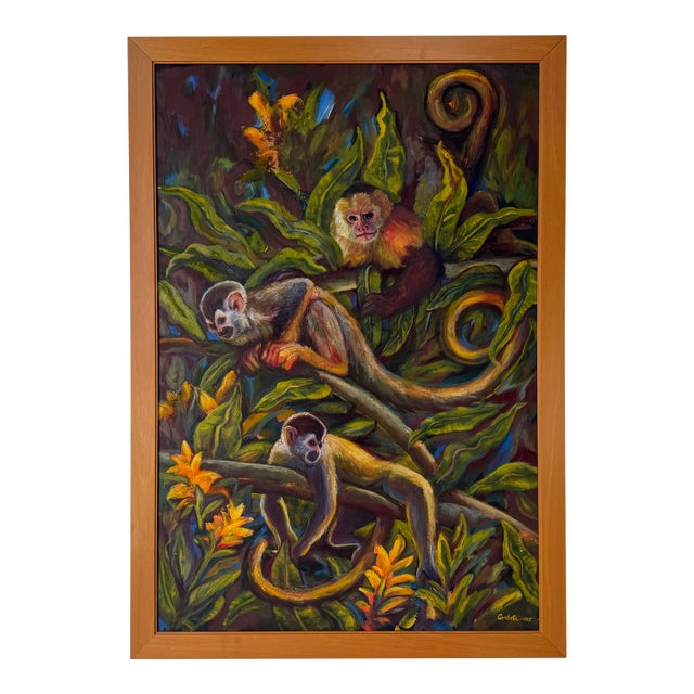 2001 Carlotta Colorful Jungle Wildlife Scene Oil on Board Painting, Signed For Sale