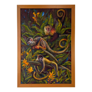 2001 Carlotta Colorful Jungle Wildlife Scene Oil on Board Painting, Signed