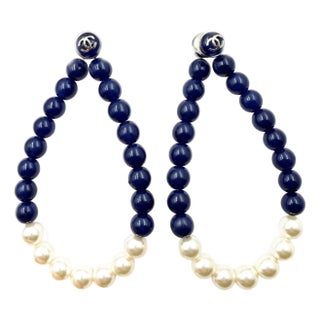 Chanel Silver CC Blue Bead Pearl Large Loop Magnetic Earrings For Sale
