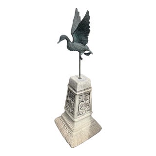 Bronze-Finished Cast Iron Flying Duck Statue on Cast Stone Pedestal For Sale