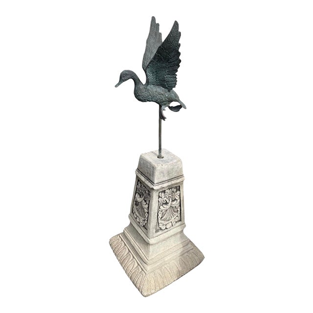 Bronze-Finished Cast Iron Flying Duck Statue on Cast Stone Pedestal For Sale