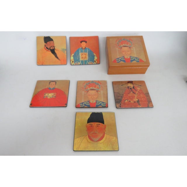 Mid 20th Century Chinoiserie Boxed Set of 6 Square Coasters Chinese Ancestor Portrait Motif For Sale In Miami - Image 6 of 15