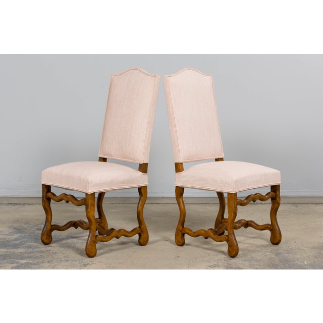 Antique French Louis XIII Style Os De Mouton Oak Dining Chairs in Blush Pink Stripe - Set of 6 For Sale - Image 14 of 17