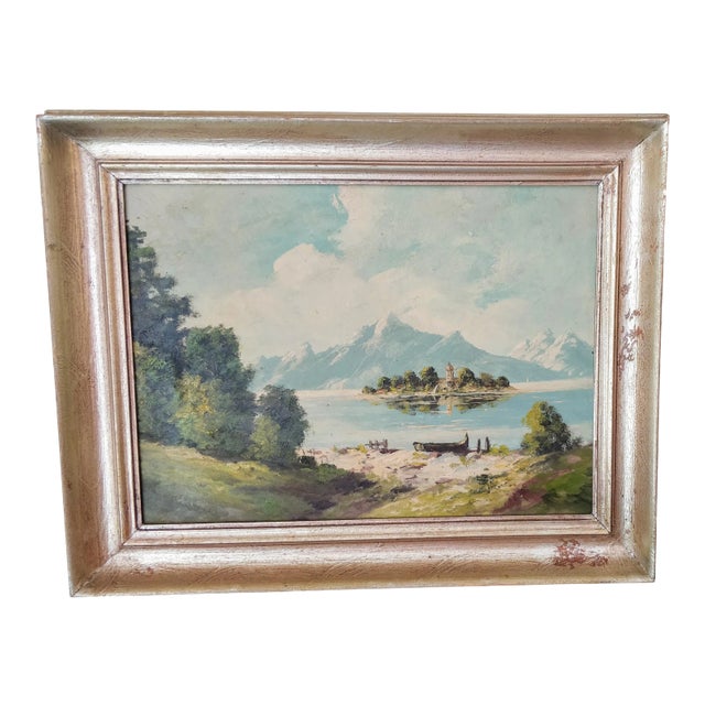 Vintage Mountain Lake Boat Painting Artist Signed For Sale