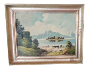 Vintage Mountain Lake Boat Painting Artist Signed