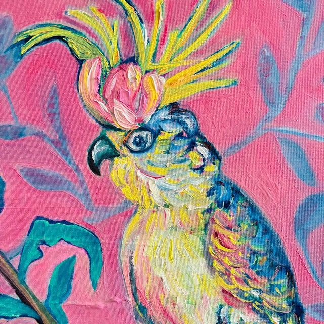Chinoiserie Tatiana Duperault Cockatoo Original Oil Painting, Chinoiserie Style, Pink and Blue, Faux Bamboo Frame For Sale - Image 3 of 6
