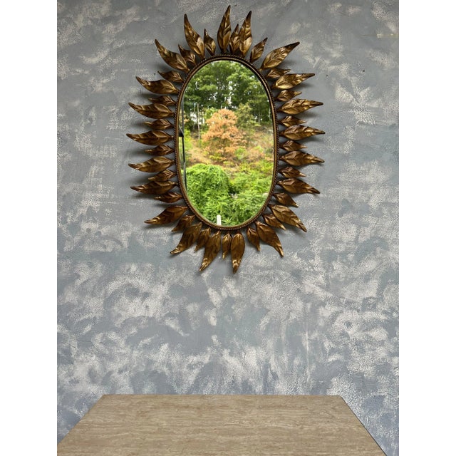 Spanish Oval Gilt Metal Sunburst Mirror With Alternating Leaves For Sale In New York - Image 6 of 13