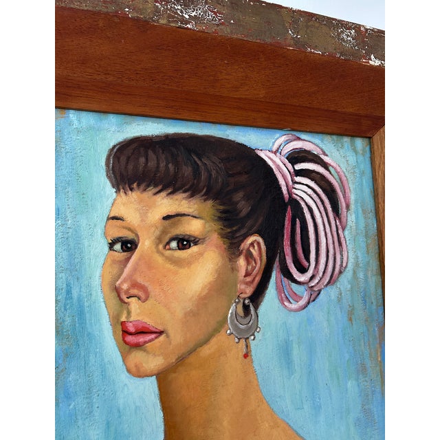 Mid 20th Century Large 40" Vintage Framed Portrait of a Gypsy Woman in Ruffled Blue Dress For Sale - Image 5 of 8