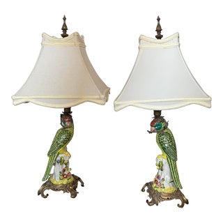 Pair Vintage Ormolu Parrot Chinese Export Porcelain Lamps For Sale