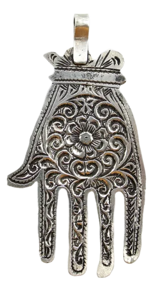 Vintage Berber Hand of Fatima / Hamsa Sterling Silver Pendant With Central Flower Motif
