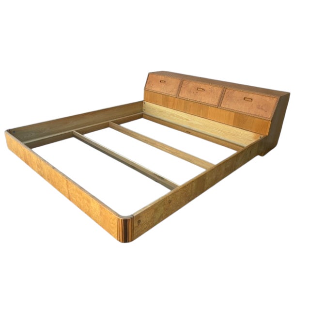 Henredon Henredon Scene Two Campaign King Bed Burlwood Oak Trunk Headboard Art Deco For Sale - Image 4 of 16