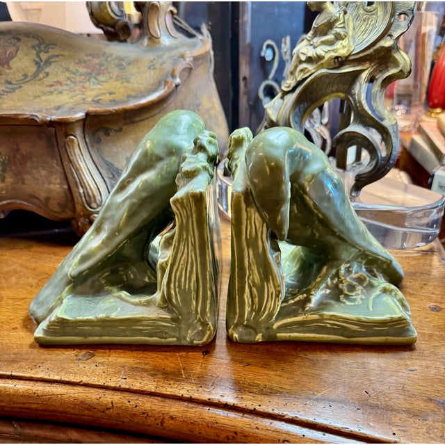 Pair Signed Matte Green Rookwood Crow Bookends, C. 1920s For Sale In Los Angeles - Image 6 of 9