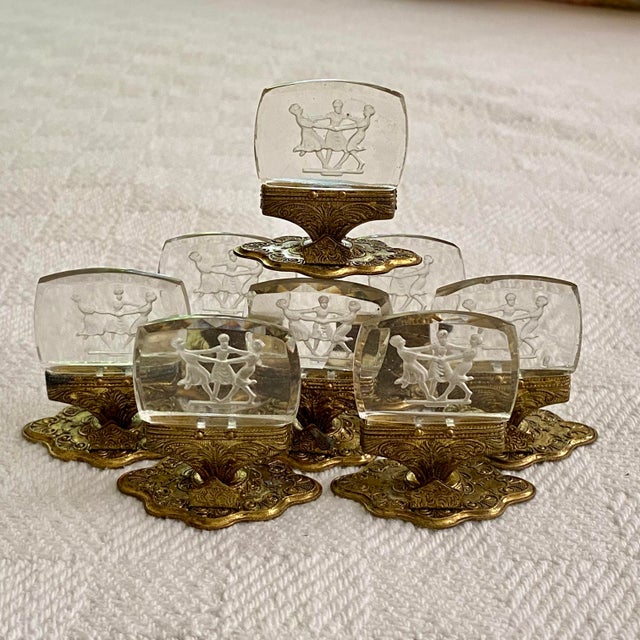 Metal Antique Czech Intaglio Glass Place Card Holders - Set of 8 Dancing Figures For Sale - Image 7 of 13