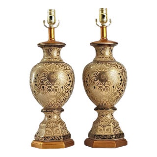 Vintage Hand Painted Ceramic Moorish Table Lamps Restored - A Pair For Sale